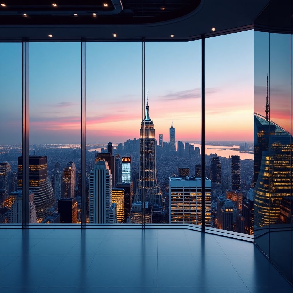 La oficina moderna de Quantum Finanzas con vistas a la ciudad.
