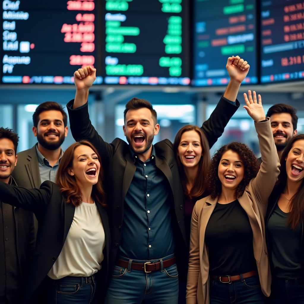 Equipo de una startup tecnológica celebrando su salida a bolsa.