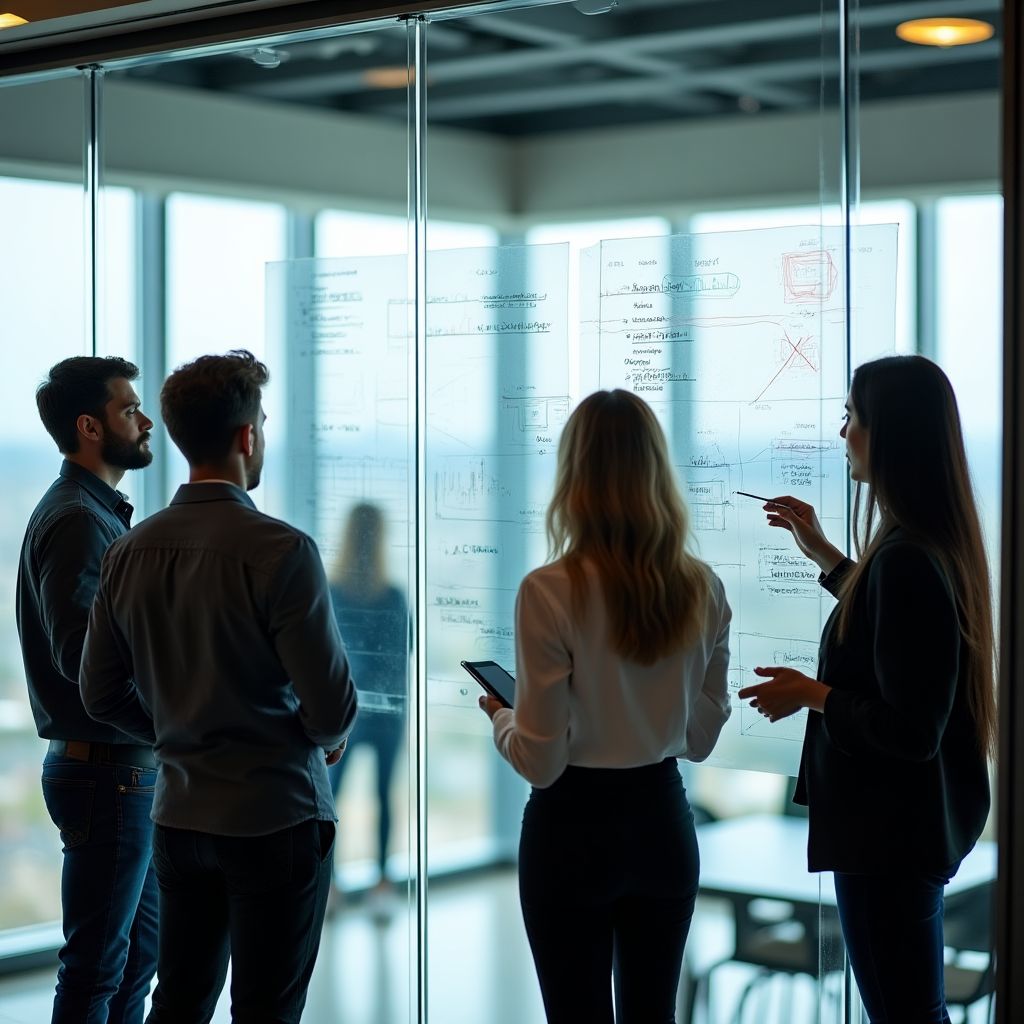Equipo diverso colaborando en una estrategia financiera.