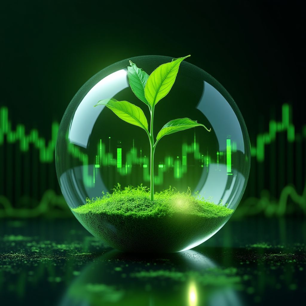 Concepto de inversión sostenible con un globo terráqueo y gráficos de crecimiento verdes.